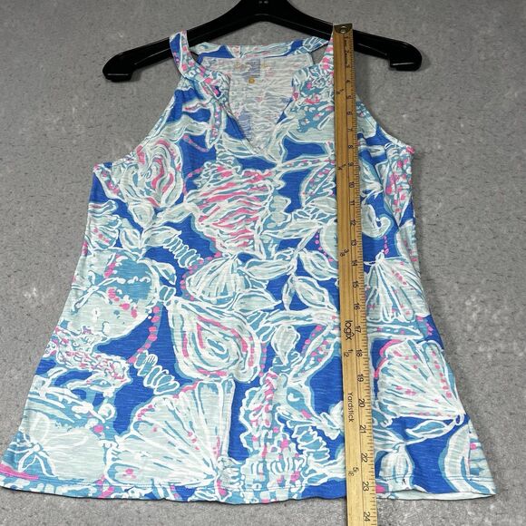 Lilly Pulitzer Tank Top Size Small Arya Bay Blue Into The Deep Pink Shell Print - Picture 7 of 13